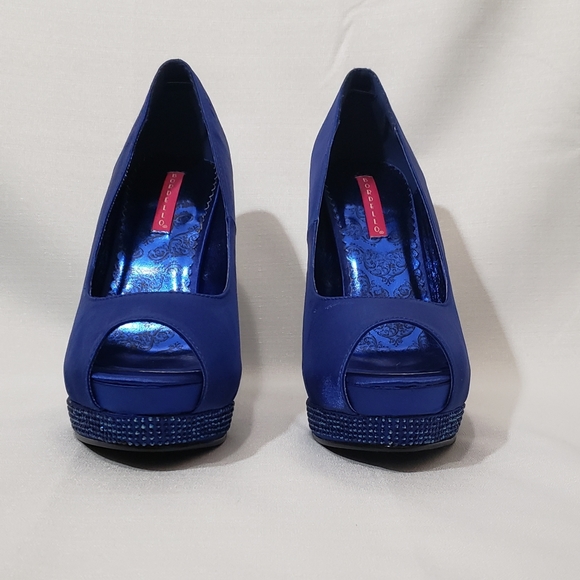 Size 10. Blue Satin Rhinestones Peep-Toe Pumps - Picture 2 of 4
